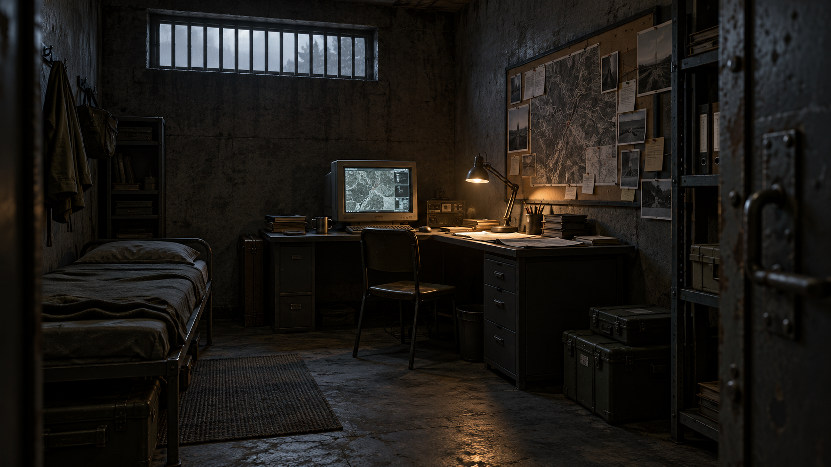 Black Room konsepti: karanlık hücrede bilgisayar, görev dosyaları ve planlama panosu